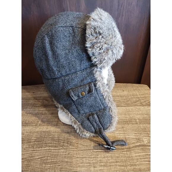LIDS Wool Trapper Hat Gray Ear Flaps Faux Fur Lined One Size Chin Strap Adult - Picture 1 of 4